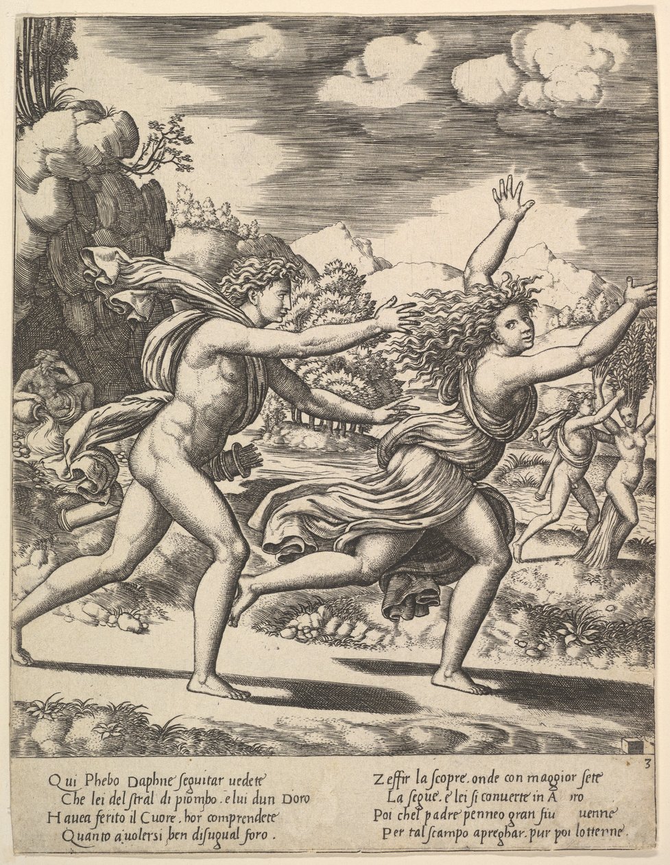 Apollo achtervolgt Daphne die haar armen omhoog gooit, op de achtergrond rechts toont het moment, 1530-60 door Master of the Die