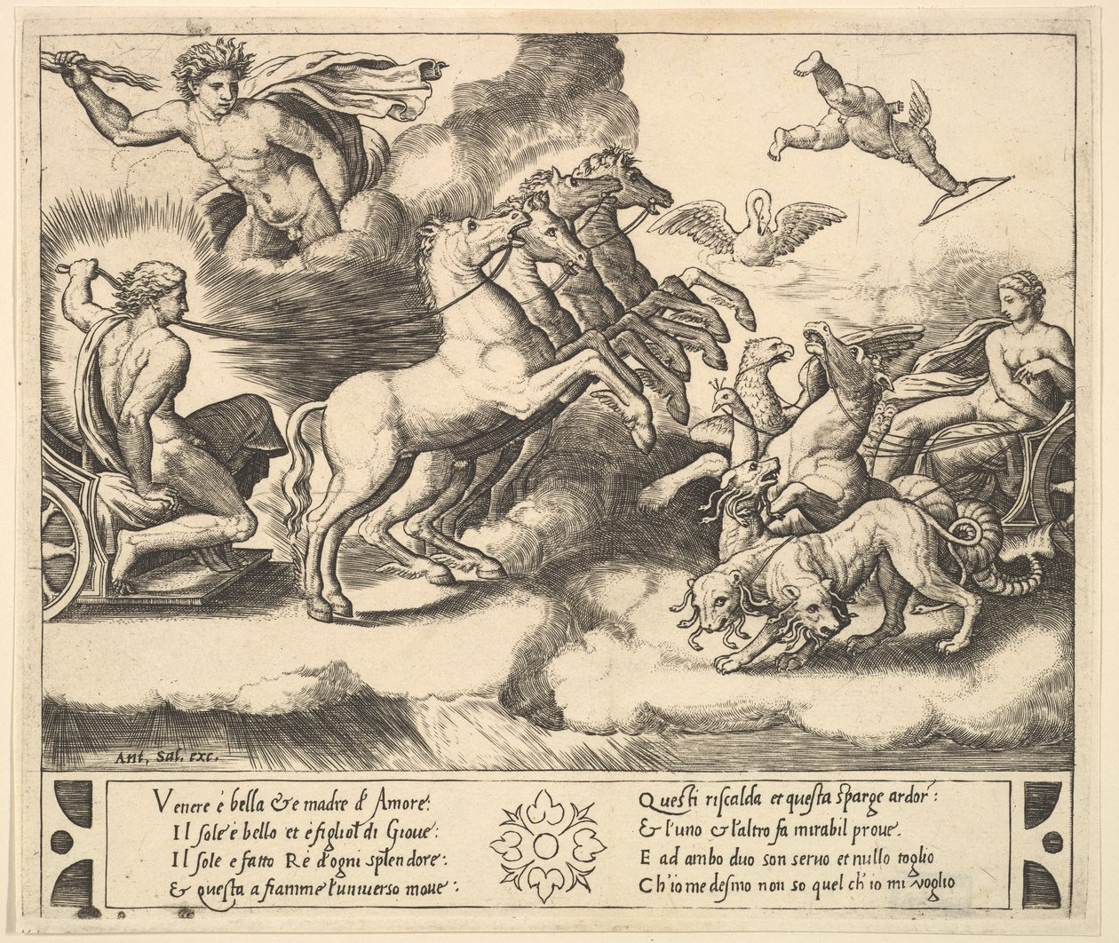Apollo in zijn door paarden getrokken wagen links, boven hem Jupiter die een donderbui werpt, 1530-60 door Master of the Die