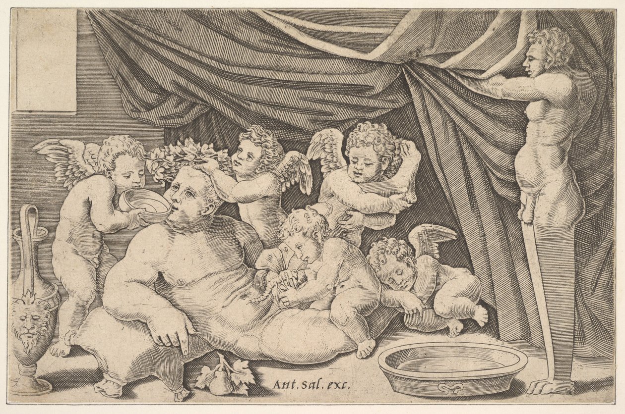 Bacchus omringd door Putti, een standbeeld van Priapus rechts, 1530-60 door Master of the Die