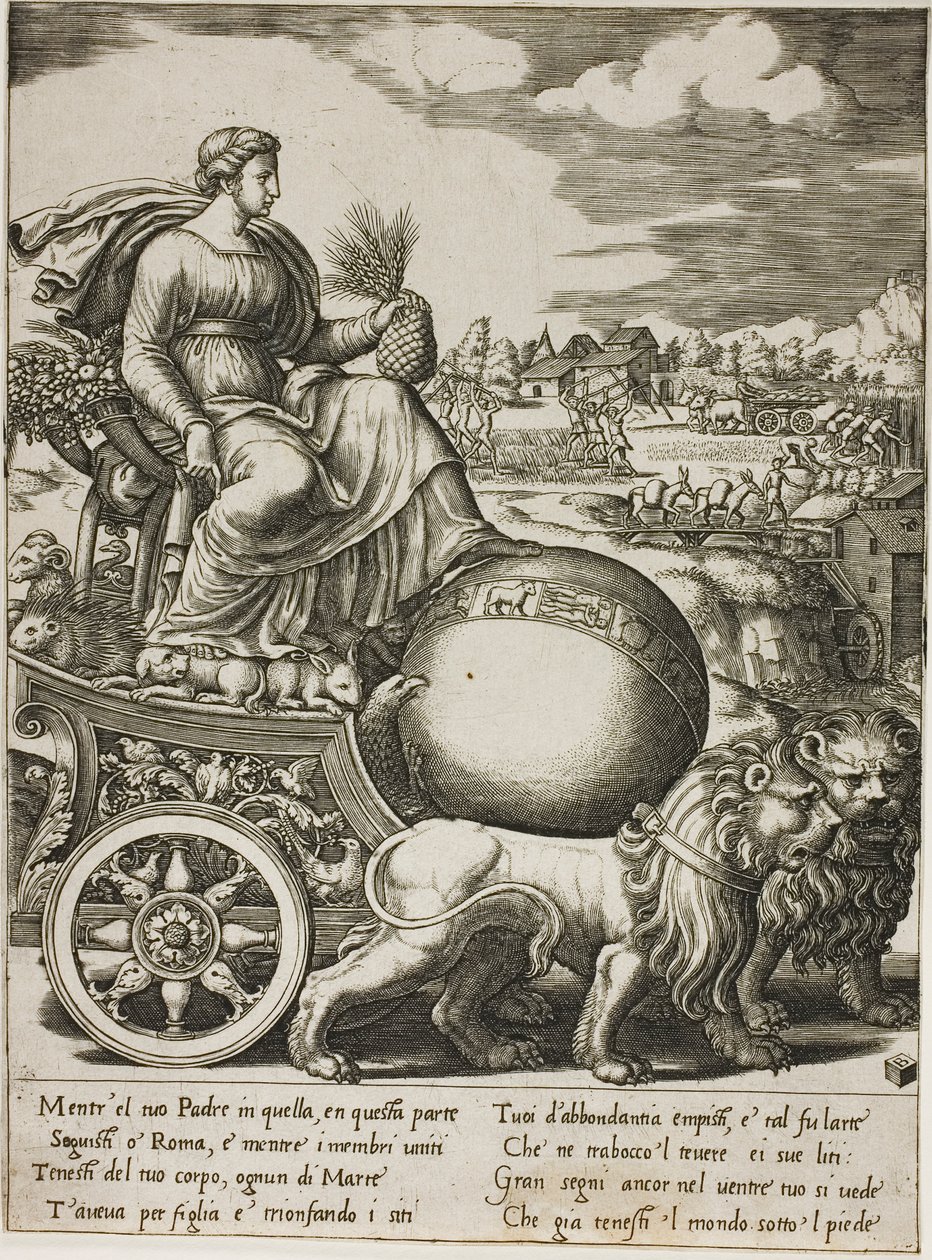 Cybele in haar wagen door Master of the Die