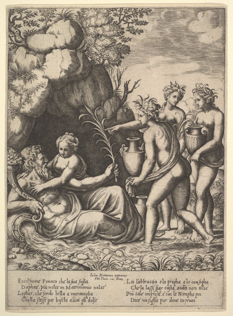 Daphne omhelst haar vader, de riviergod Peneus, links brengen drie nimfen kruiken..., 1530-60 door Master of the Die