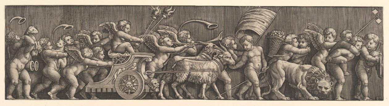 Fries arrangement dat de triomf van de liefde uitbeeldt, Cupido in een wagen getrokken door geiten, man, 1530-60 door Master of the Die