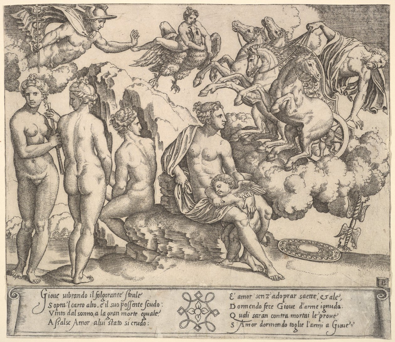 Jupiter valt uit een door paarden getrokken wagen, Ganymedes in de vorm van een adelaar door Master of the Die
