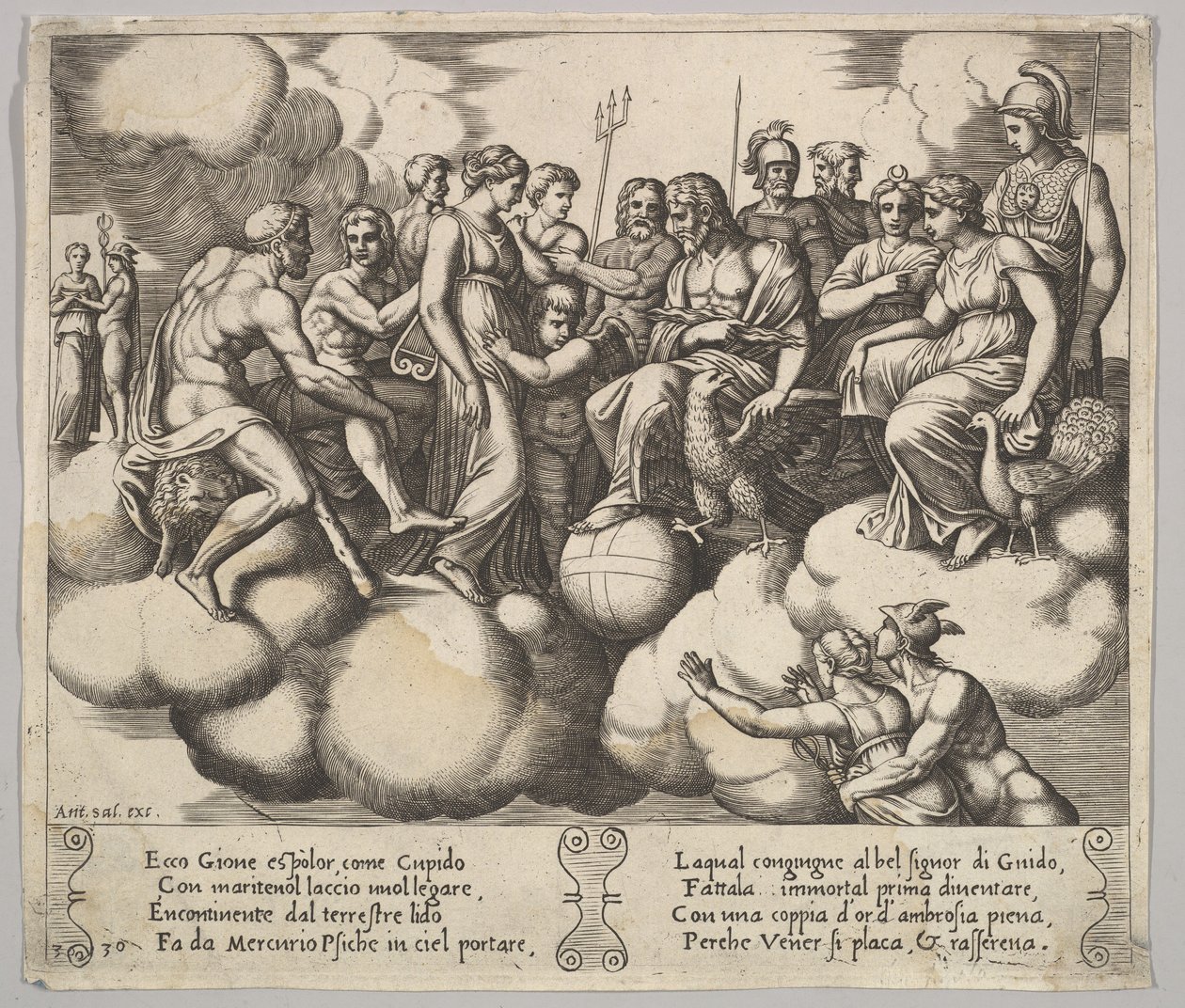 Venus en Cupido pleiten hun zaak in de aanwezigheid van Jupiter en andere Goden, 1530-60 door Master of the Die