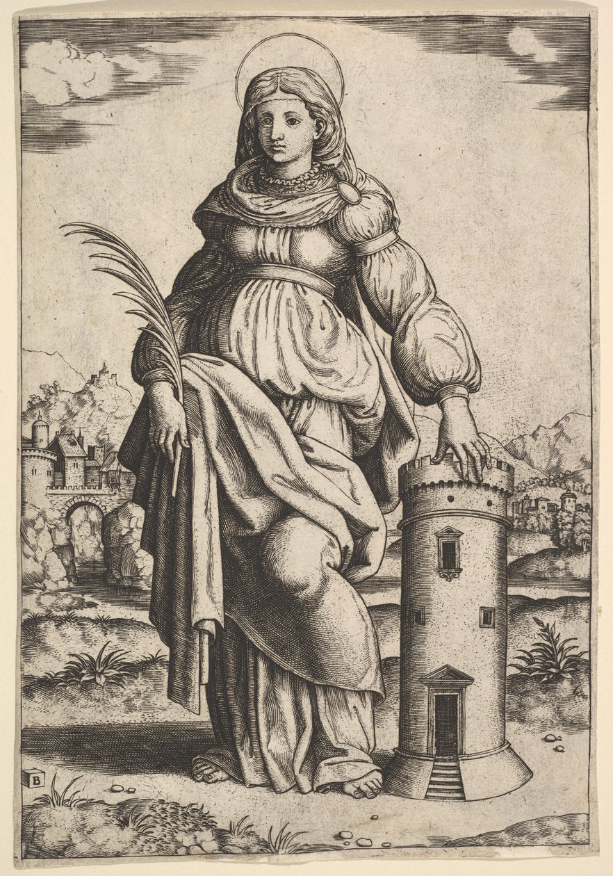 Sint Barbara staand, palm in haar rechterhand, rustend met haar linkerhand op een toren door Master of the Die