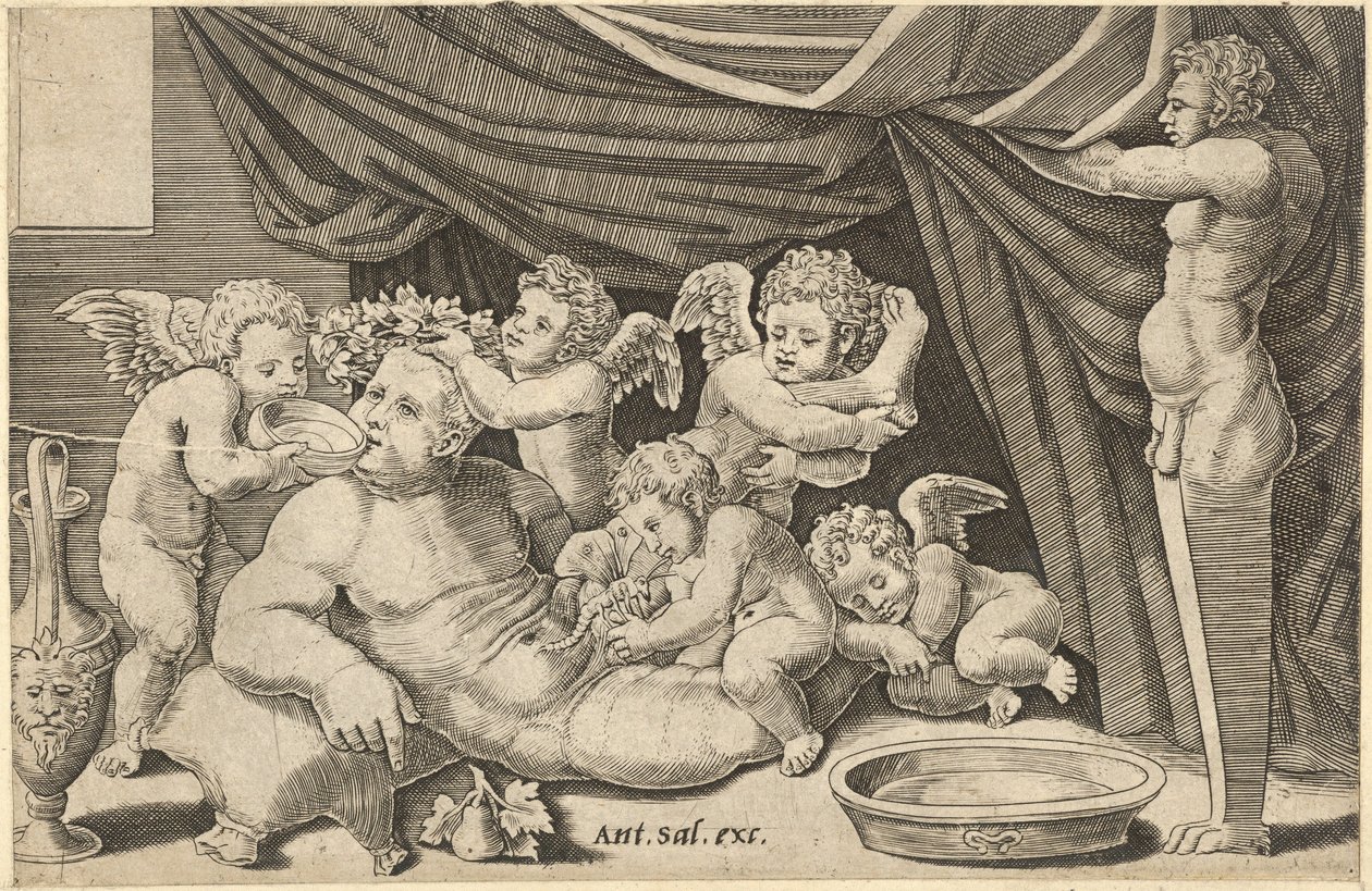 Speculum Romanae Magnificentiae: Bacchus omringd door putti met Priapus, 16e eeuw door Master of the Die