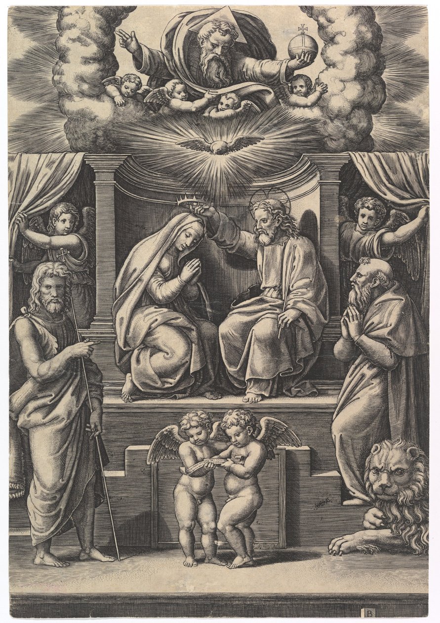 De Kroning van de Maagd, linksonder staat Johannes de Doper, rechtsonder..., 1530-60 door Master of the Die