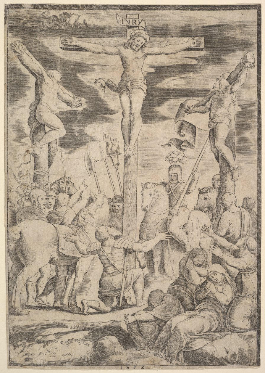 De bekering van de Centurion die zijn armen opent voor Christus aan het kruis, 1532 door Master of the Die