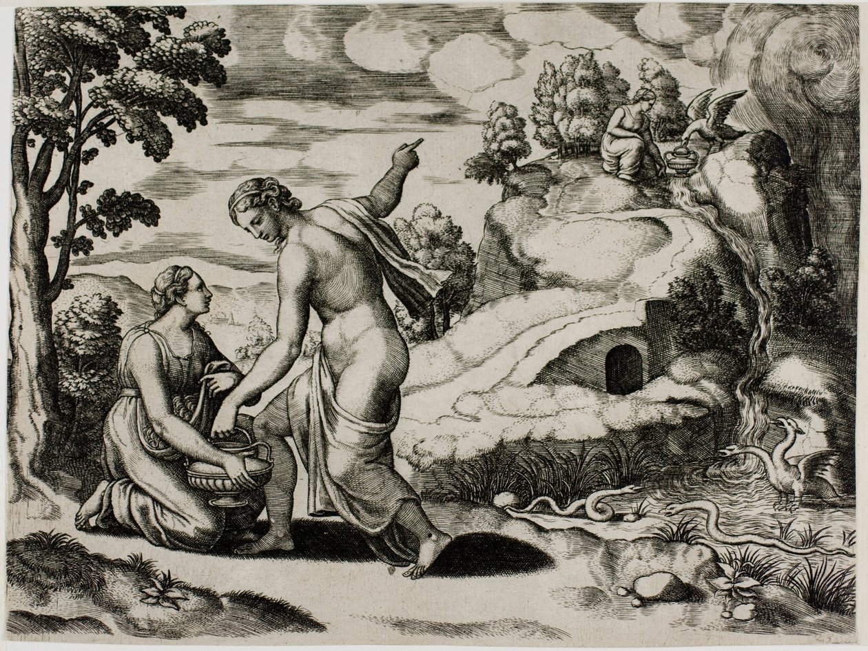Venus beveelt Psyche om water te halen uit een fontein bewaakt door draken door Master of the Die