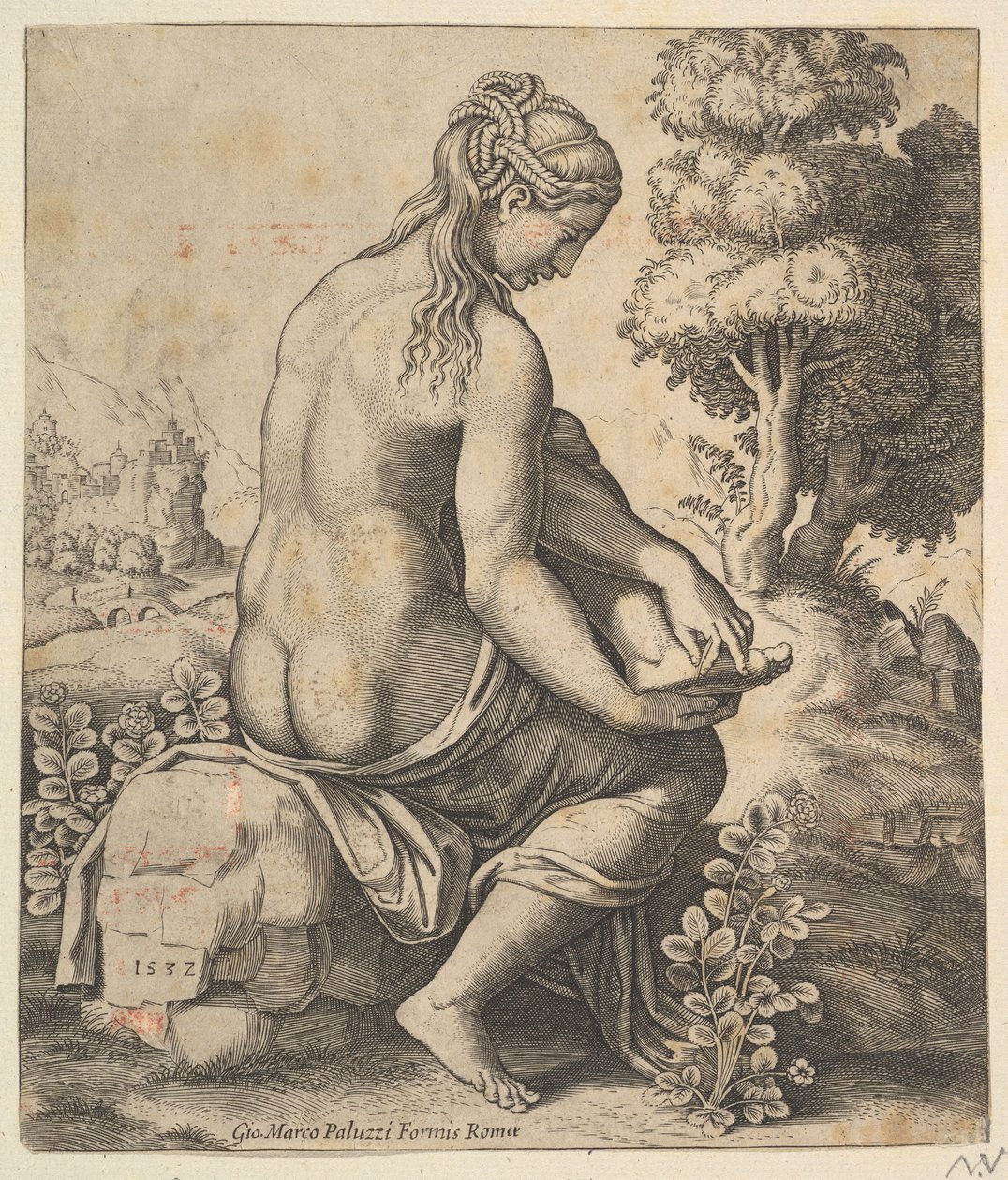 Venus verwijdert een doorn uit haar voet, 1532 door Master of the Die