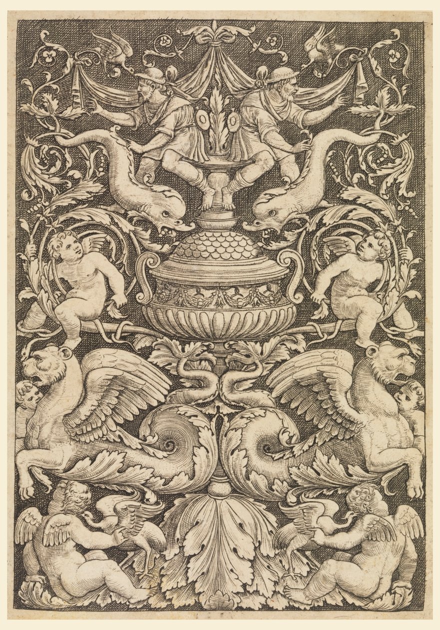 Grotesk met dolfijnen en gevleugelde leeuwen door Master of the Die, Italian or German, 1530 1560