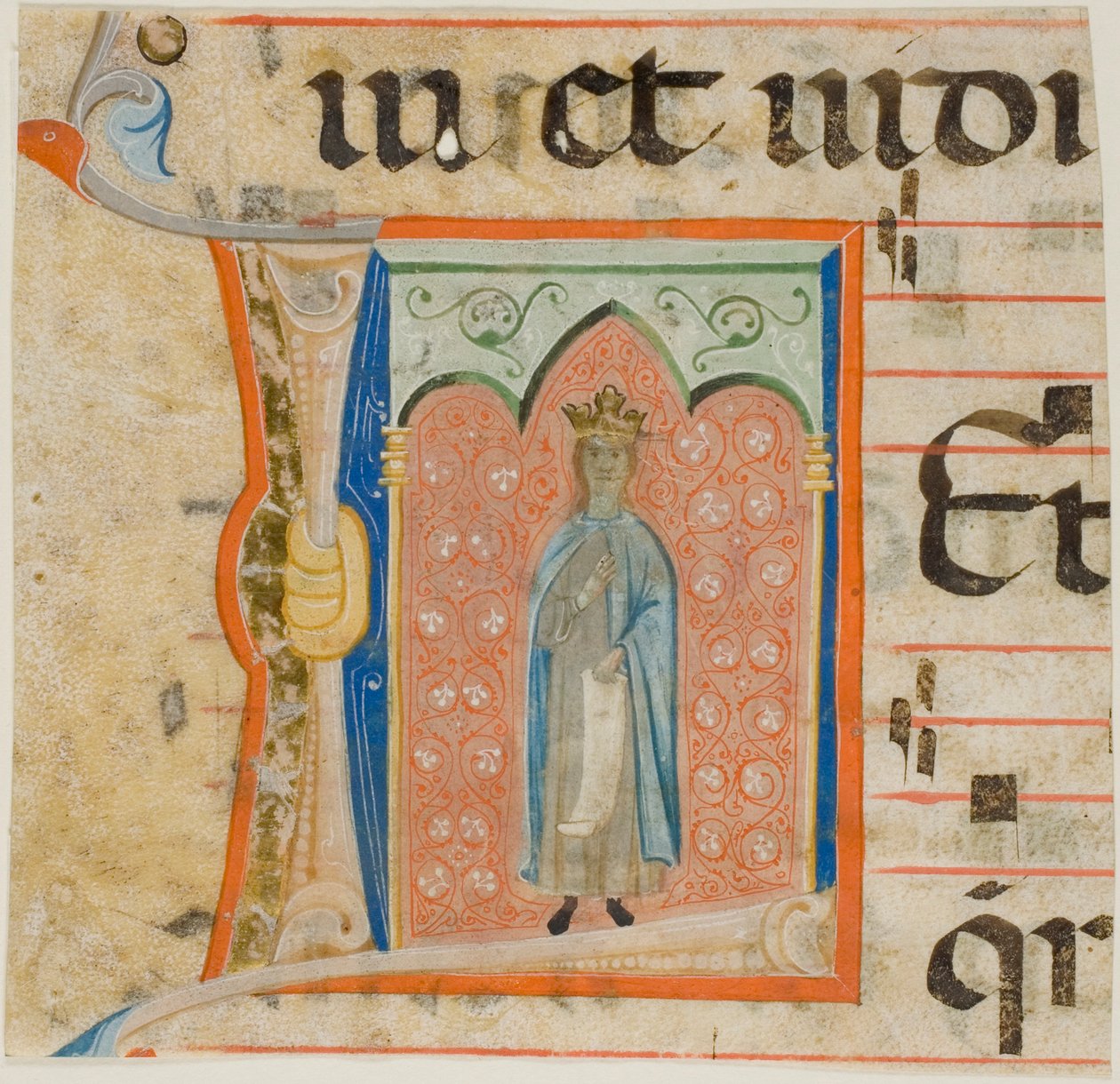 Heilige vrouw in een historische initiaal "L" uit een koorboek door Master of the Dominican Effigies
