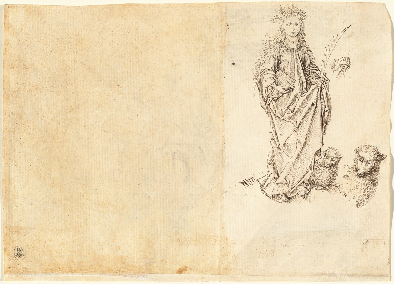 Sint Agnes (verso) door Master of the Drapery Studies after Martin Schongauer