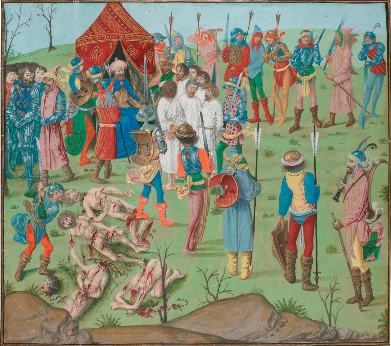 Nasleep van de Slag bij Nicopol Het bloedbad van de christenen als wraak voor het bloedbad van Rahova. Jean Froissart, Kronieken, Flandres, Brugge door Master of the Dresden Prayer Book