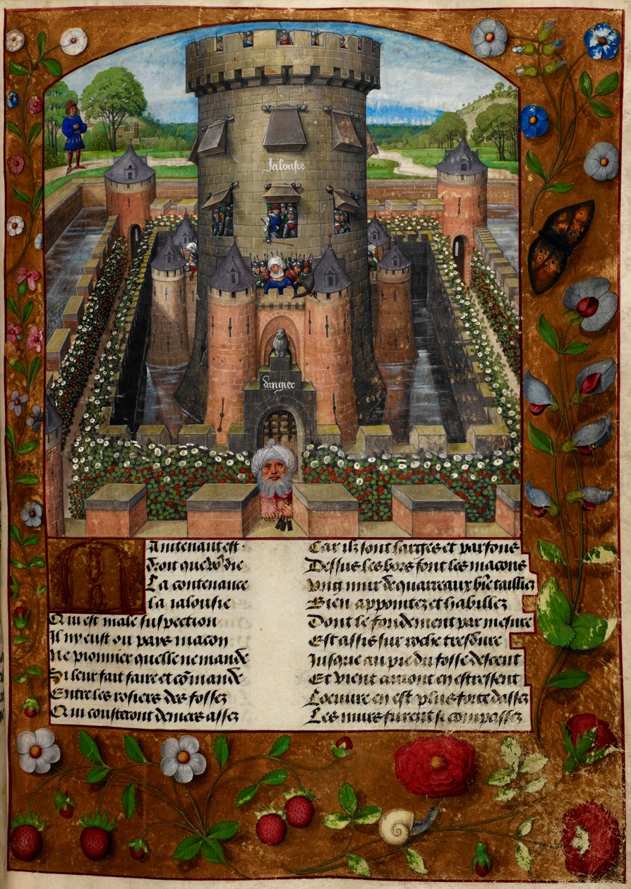 Bel Acueil (Vriendelijke Welkom) gevangen door Jalousie (Jaloezie) in een toren bewaakt door soldaten, uit 