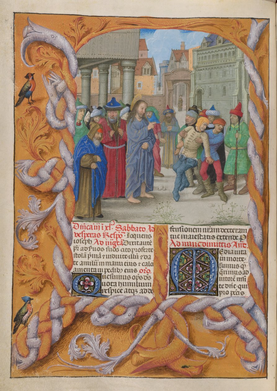Temporale (1e deel: van Eerste Zondag van Advent tot Stille Zaterdag). Christus verdrijft een stomme duivel (Derde Zondag van de Vasten). Rand en twee kolommen tekst, met initialen. door Master of the Dresden Prayer Books