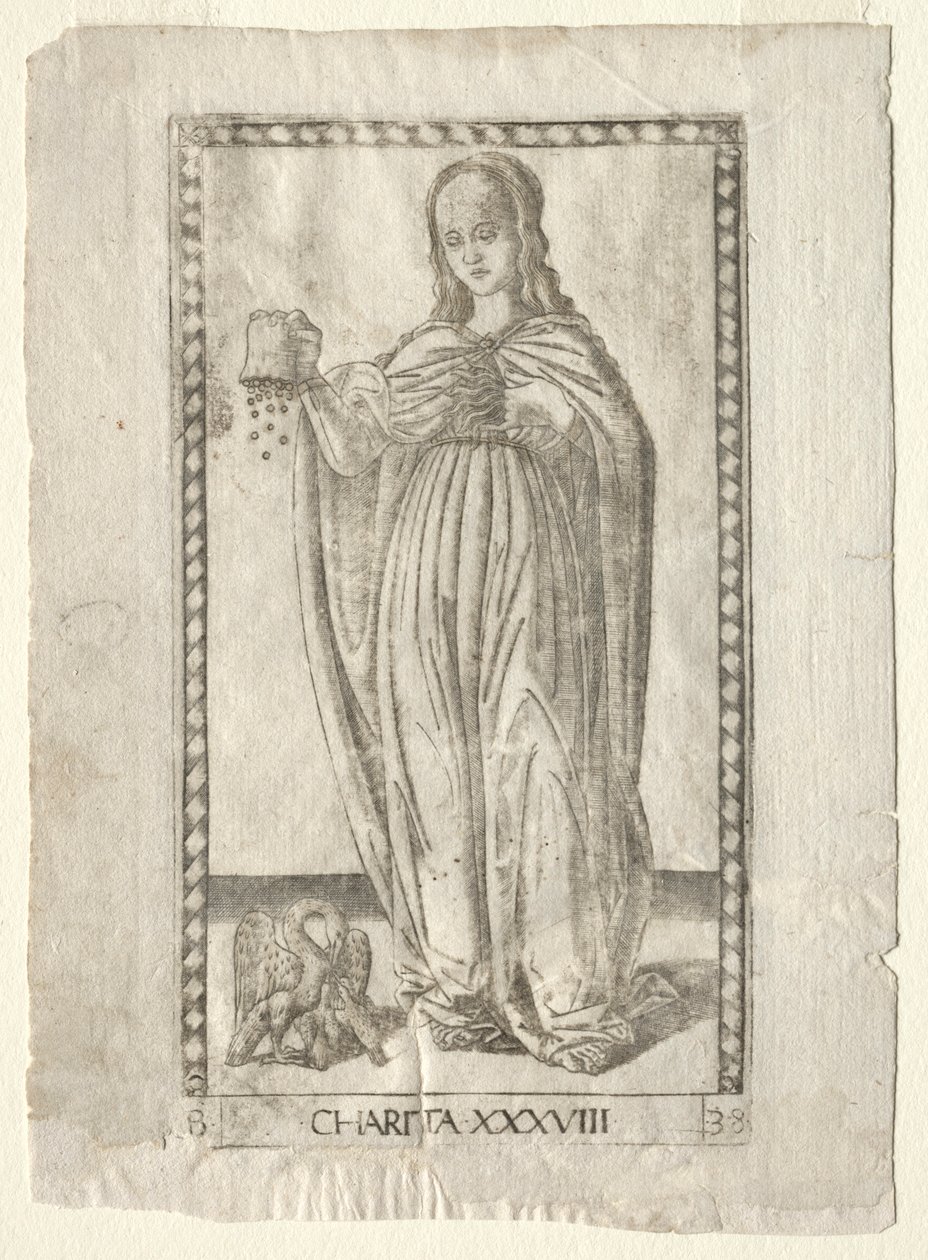 Liefdadigheid uit de Tarocchi, serie B: Kosmische principes & deugden, #38, voor 1467 door Master of the E Series Tarocchi