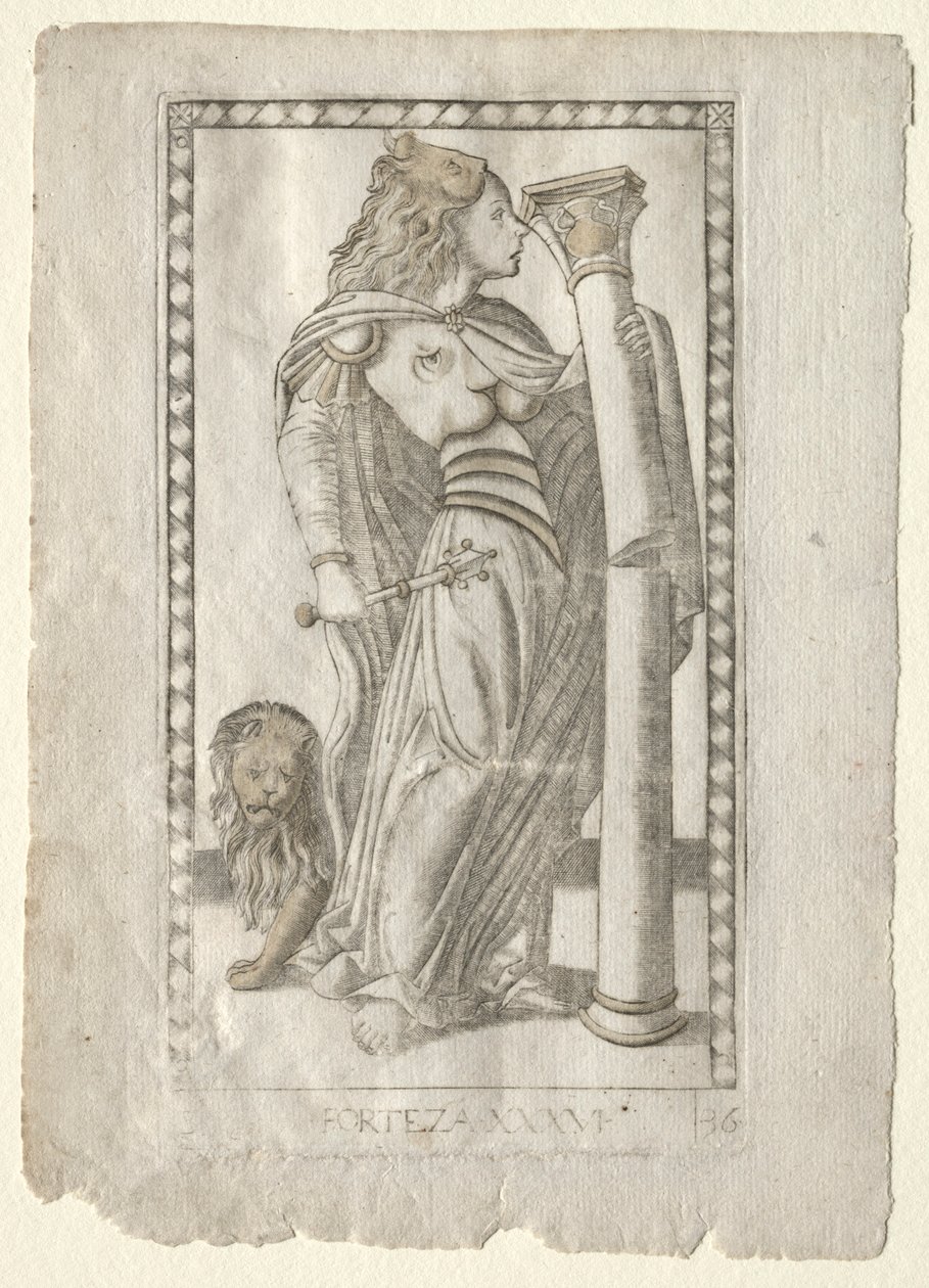 Forteza uit de Tarocchi, serie B: Kosmische Principes & Deugden, #36, voor 1467 door Master of the E Series Tarocchi