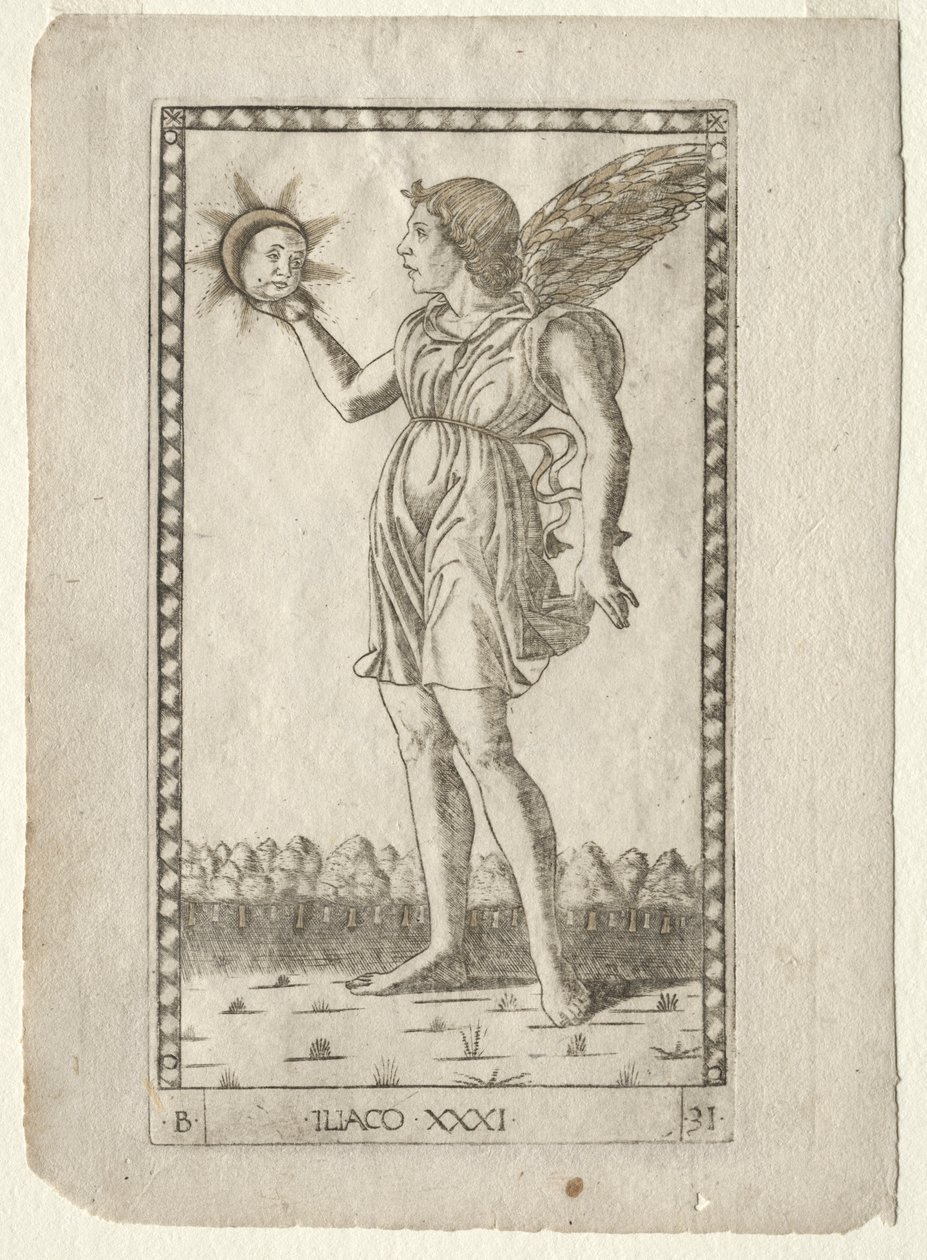 Genius van de Zon uit de Tarocchi, serie B: Kosmische Principes & Deugden, #31, voor 1467 door Master of the E Series Tarocchi