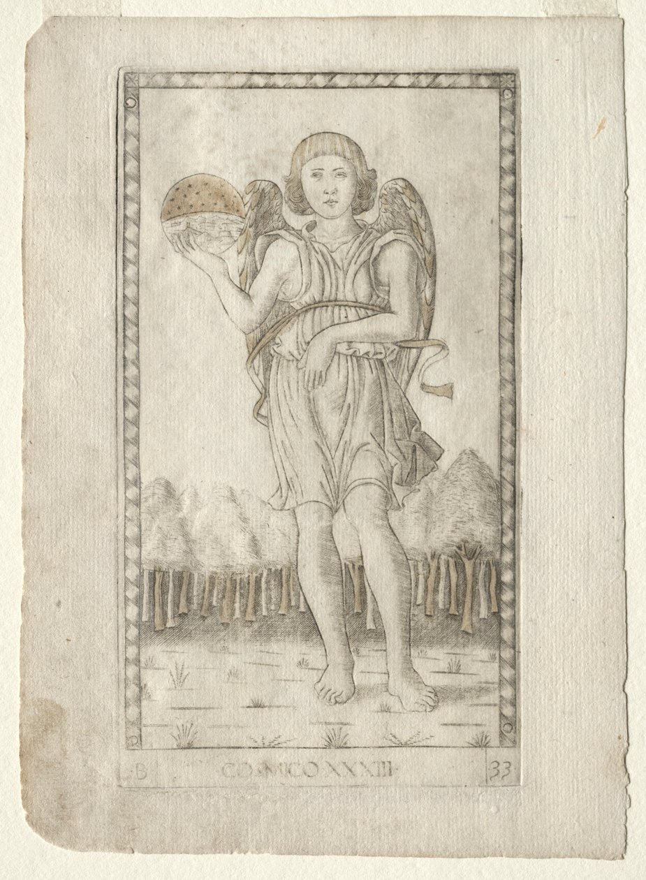 Genius van de Wereld uit de Tarocchi, serie B: Kosmische Principes & Deugden, #33, voor 1467 door Master of the E Series Tarocchi