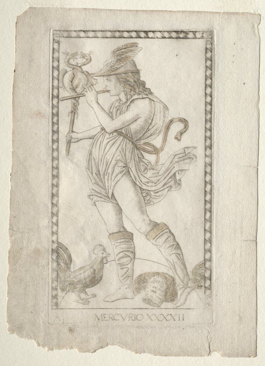 Mercurius uit de Tarocchi, serie A: Firmamenten van het universum, #42, voor 1467 door Master of the E Series Tarocchi