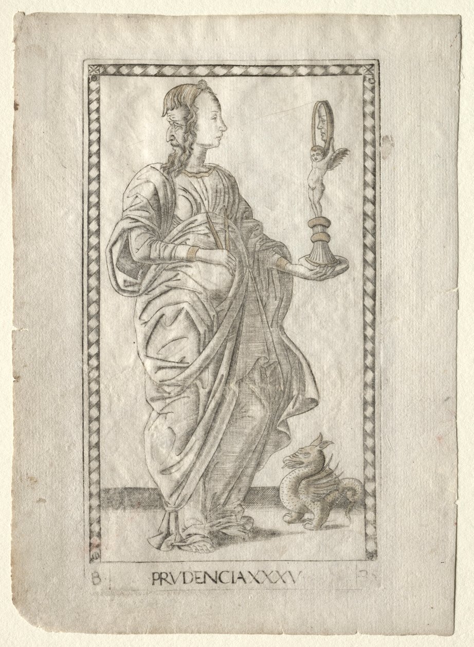 Voorzichtigheid uit de Tarocchi, serie B: Kosmische principes & deugden, #35, voor 1467 door Master of the E Series Tarocchi