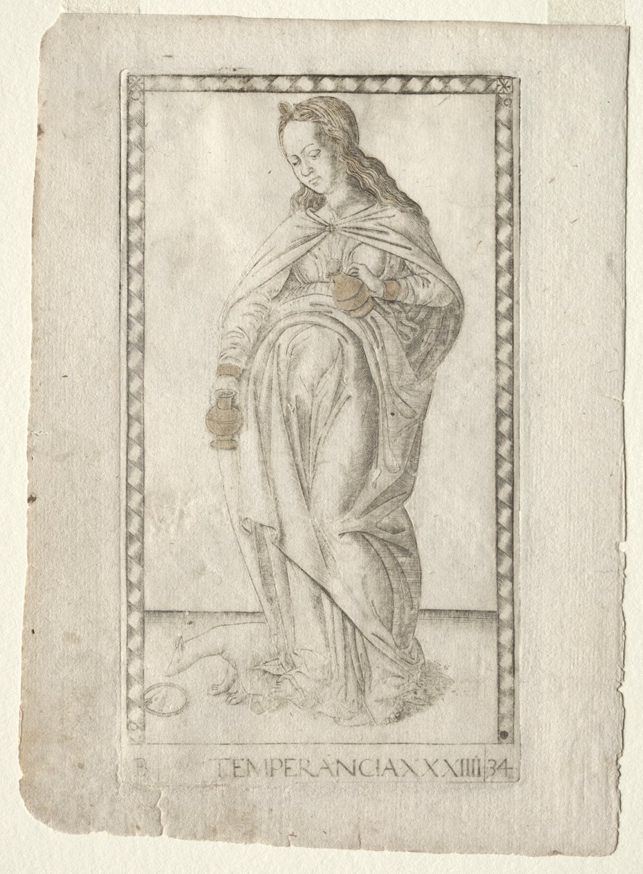 Matigheid uit de Tarocchi, serie B: Kosmische Principes & Deugden, #34, voor 1467 door Master of the E Series Tarocchi