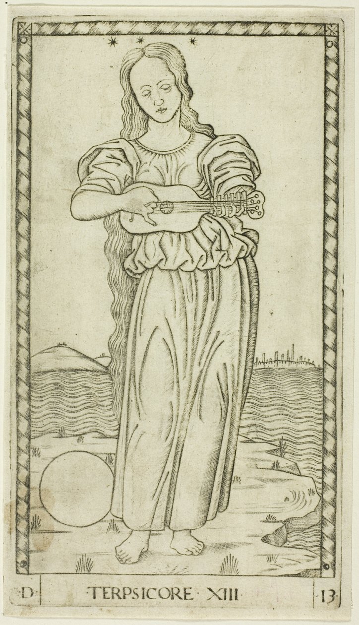 Terpsichore, plaat dertien uit Apollo en de Muzen door Master of the E Series Tarocchi