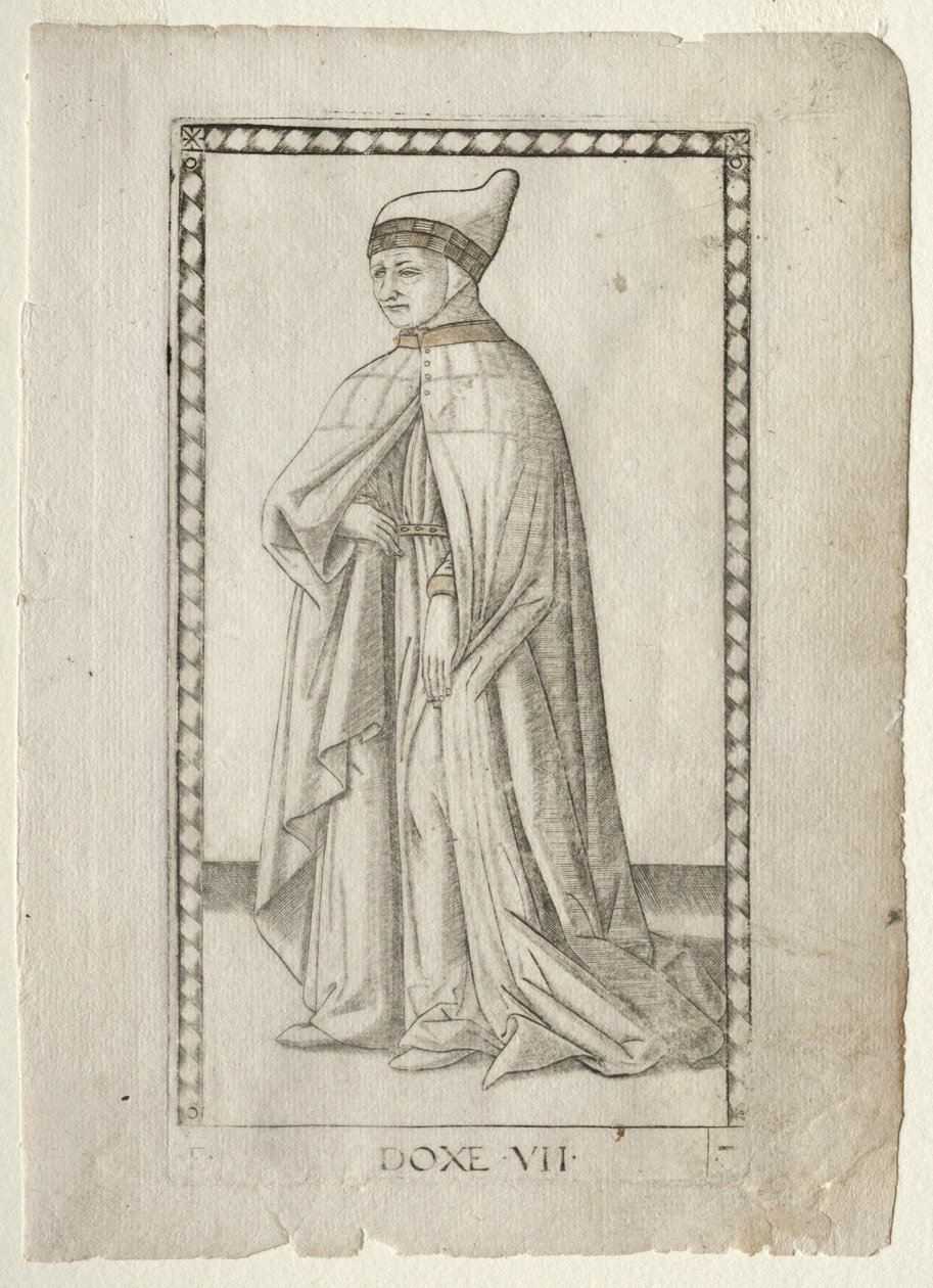 De Doge uit de Tarocchi, serie E: Condities van de Mens, #7, voor 1467 door Master of the E Series Tarocchi