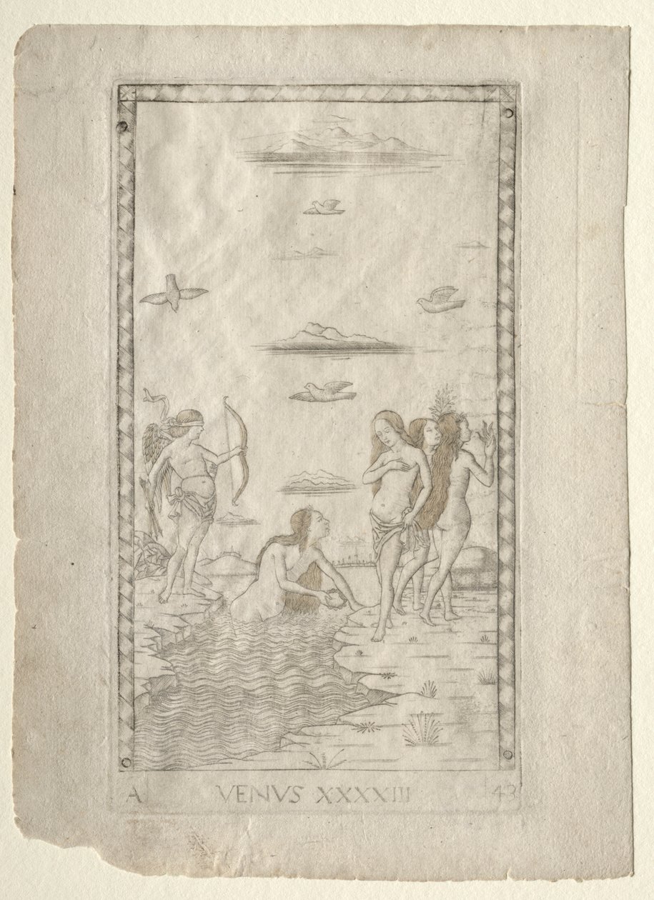 Venus uit de Tarocchi, serie A: Firmamenten van het Universum, #43, voor 1467 door Master of the E Series Tarocchi