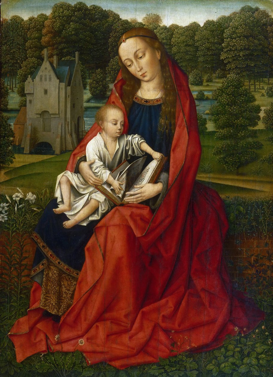Nederlands: Maria met kind Maagd en kind in een landschap door Master of the Embroidered Foliage