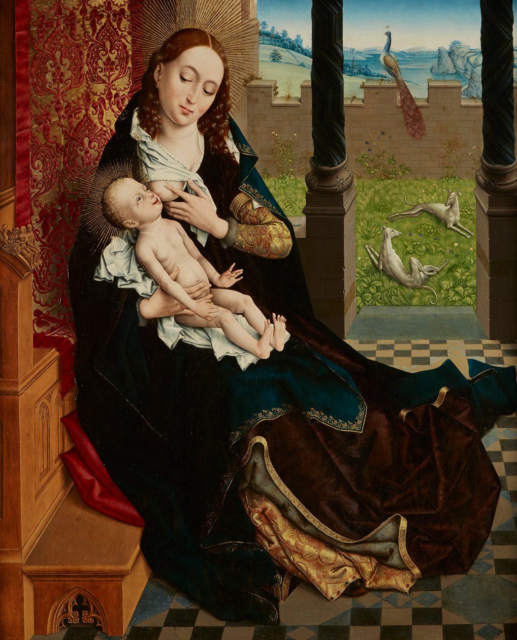 Verpleegkundige Madonna door Master of the Embroidered Foliage