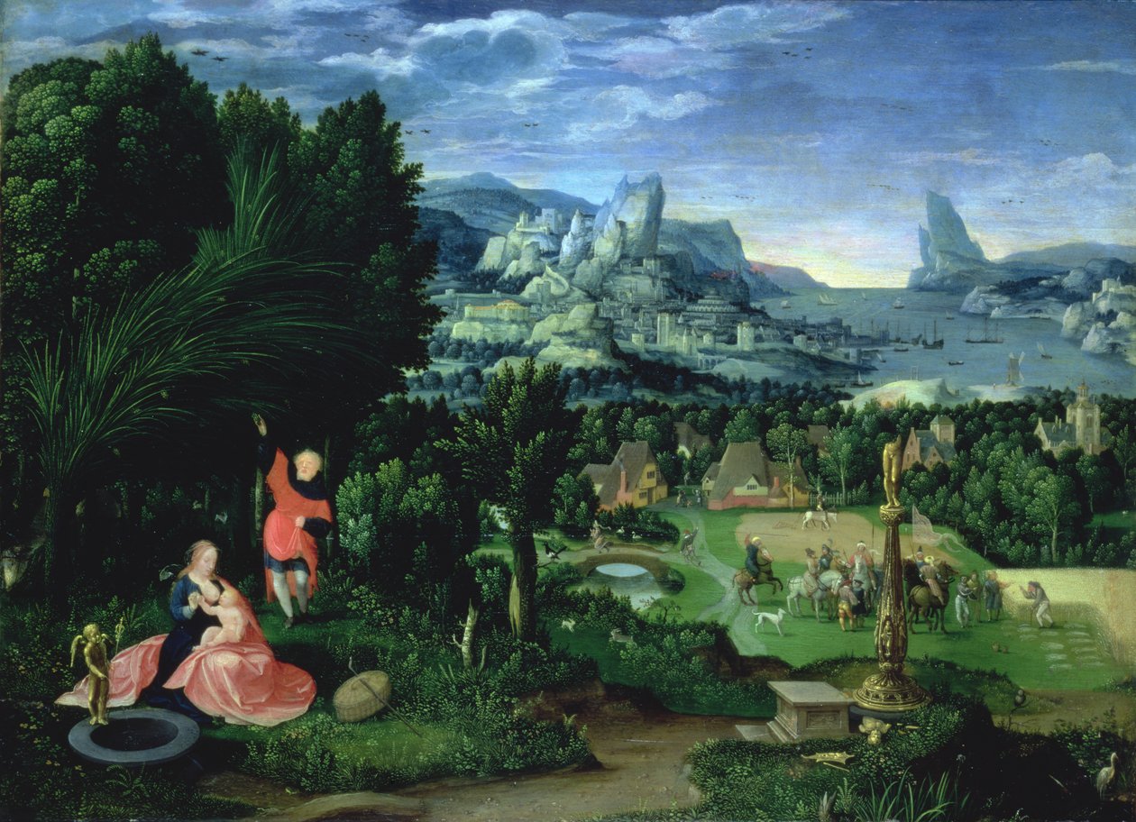 De rust tijdens de vlucht naar Egypte, landschap geschilderd door Joachim Patinir door Master of the Female Half Lengths