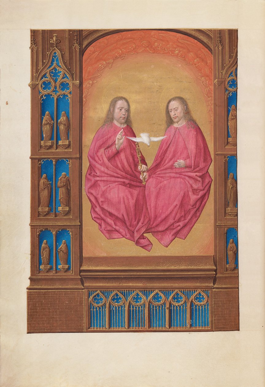 Getijdenboek van koningin Isabella de Katholieke, koningin van Spanje: Fol. 17v, De Drie-eenheid, ca. 1500 door Master of the First Prayerbook of Maximillian