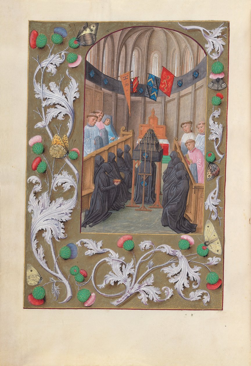 Getijdenboek van koningin Isabella de Katholieke, koningin van Spanje: Fol. 219v, Uitvaartdienst, ca. 1500 door Master of the First Prayerbook of Maximillian