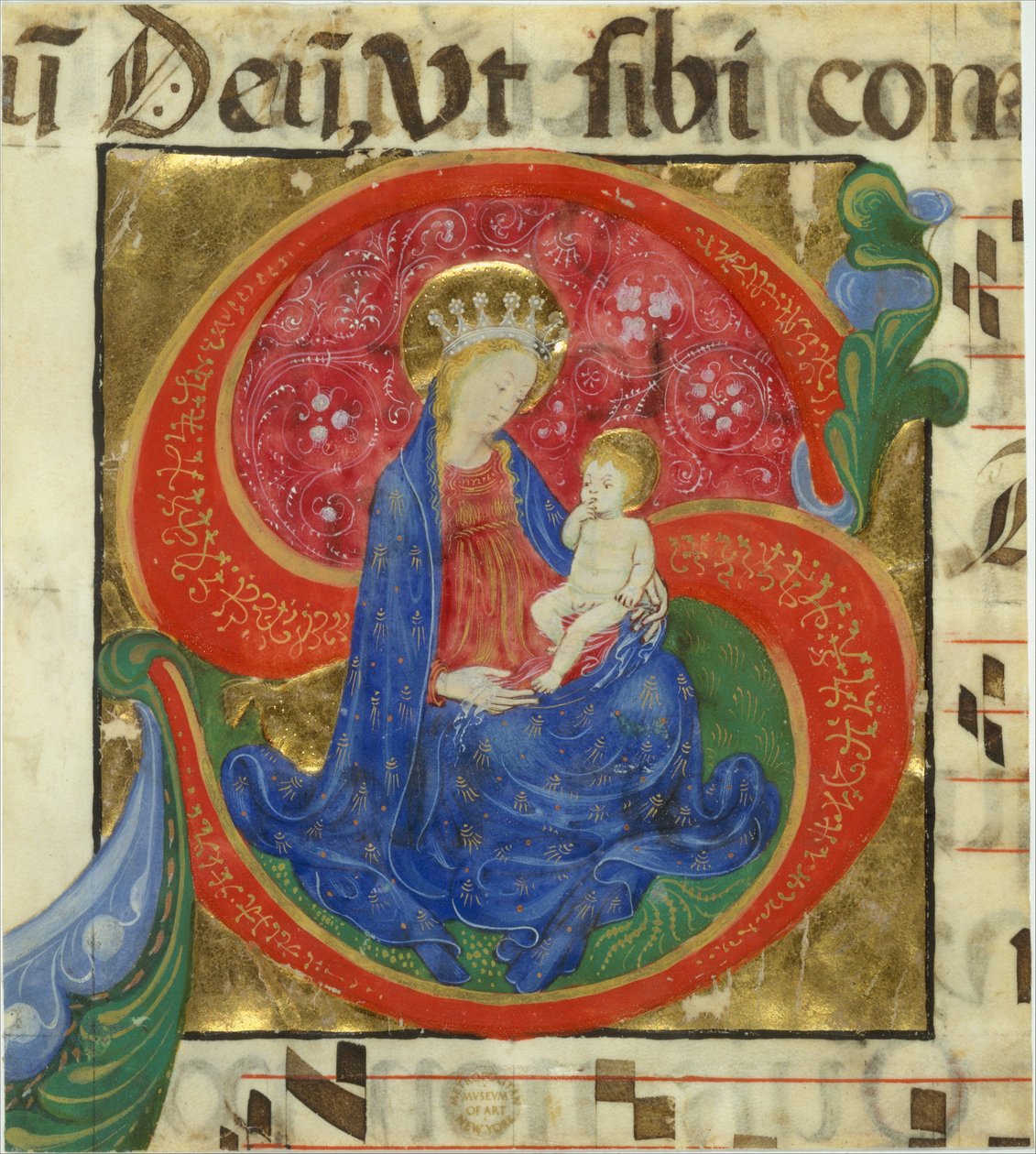 Manuscriptverlichting met de Maagd en Kind in een Initiaal S..., midden 15e eeuw door Master of the Franciscan Breviary