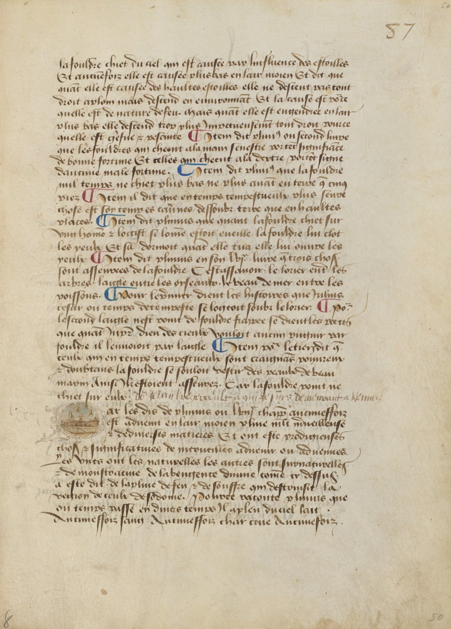 Historiated Initial P: stortbui van padden, boomkikkers en ongedierte door Master of the Geneva Boccaccio