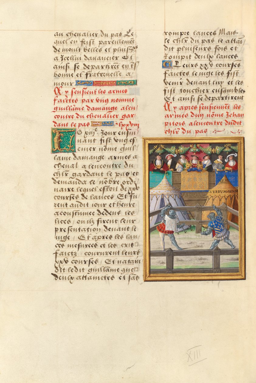 Jacques de Lalaing in gevecht met jonkheer Jean Pitois bij de Wapenoverdracht van de Tranenfontein door Master of the Getty Lalaing