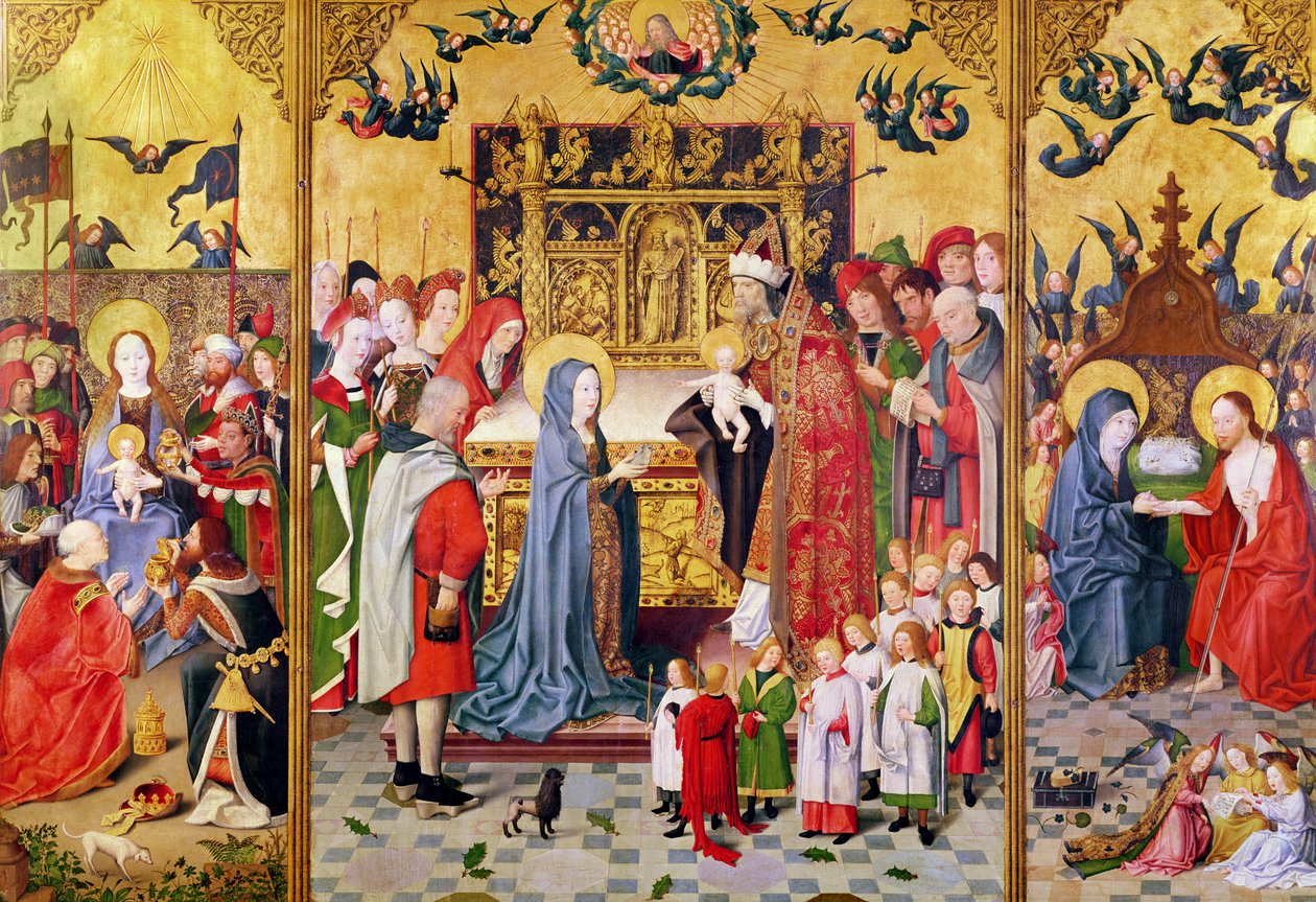 Altaarstuk van de Zeven Vreugden van de Maagd, met de Aanbidding der Wijzen, de Presentatie in de Tempel en Christus die aan Maria verschijnt, c.1480 door Master of the Holy Family