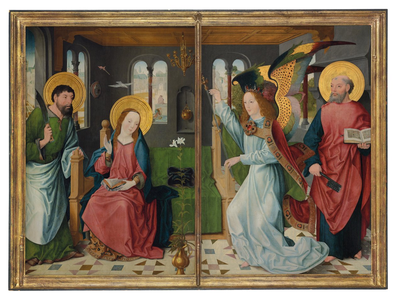 De Annunciatie, met heiligen Bartholomeus en Petrus, twee vleugels van een altaarstuk door Master of the Holy Kinship