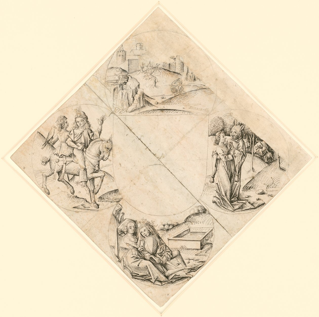 Ontwerp voor een Quatrefoil met een kasteel, twee geliefden, een meisje verleid door een dwaas, een paar zittend bij een trog en een ridder en zijn geliefde te paard door Master of the Housebook