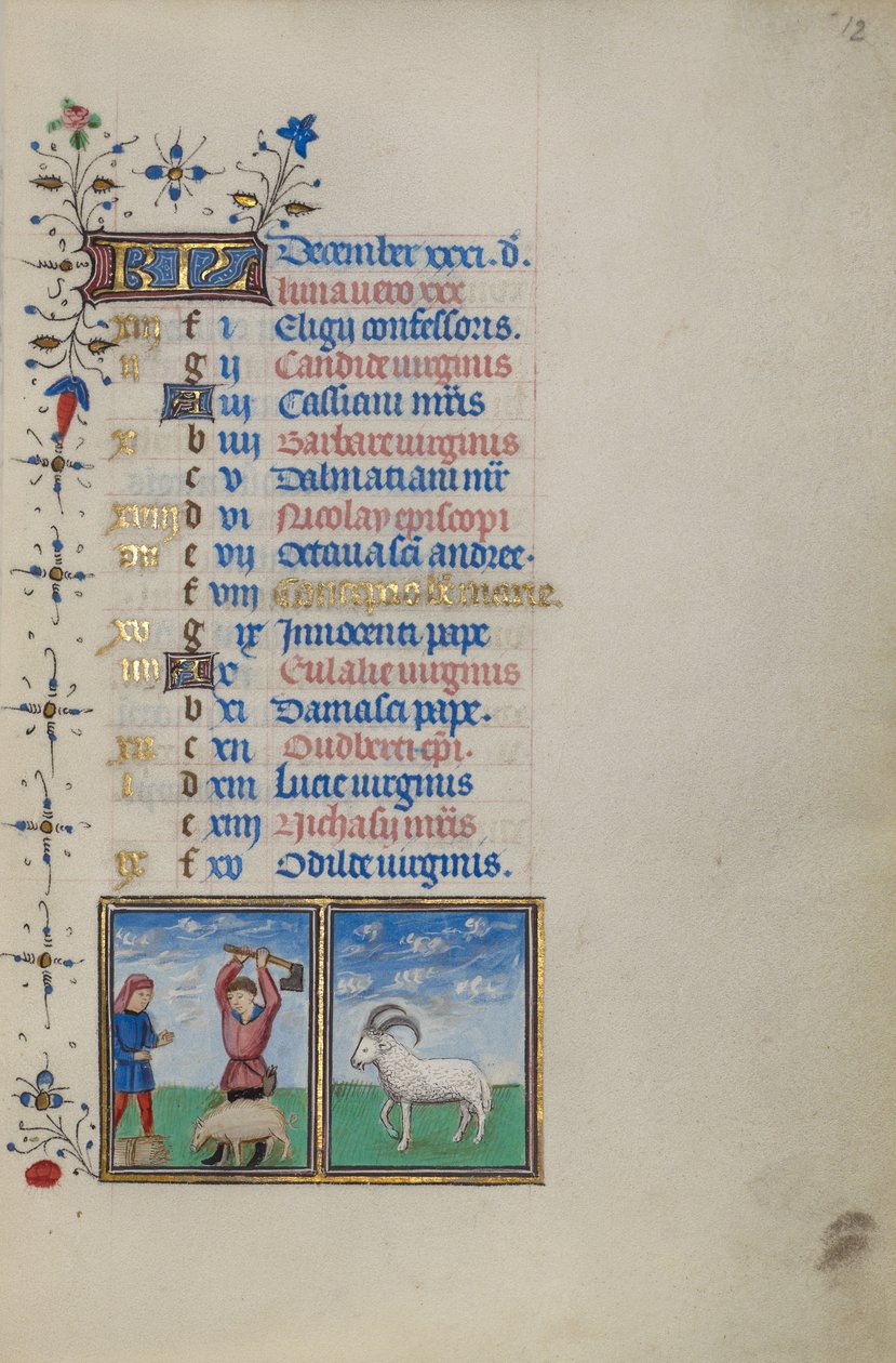 Kalenderblad voor december; Een varken slachten; Steenbok door Master of the Lee Hours