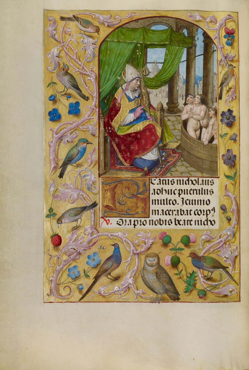Sinterklaas redt drie jongeren uit een teil door Master of the Lübeck Bible