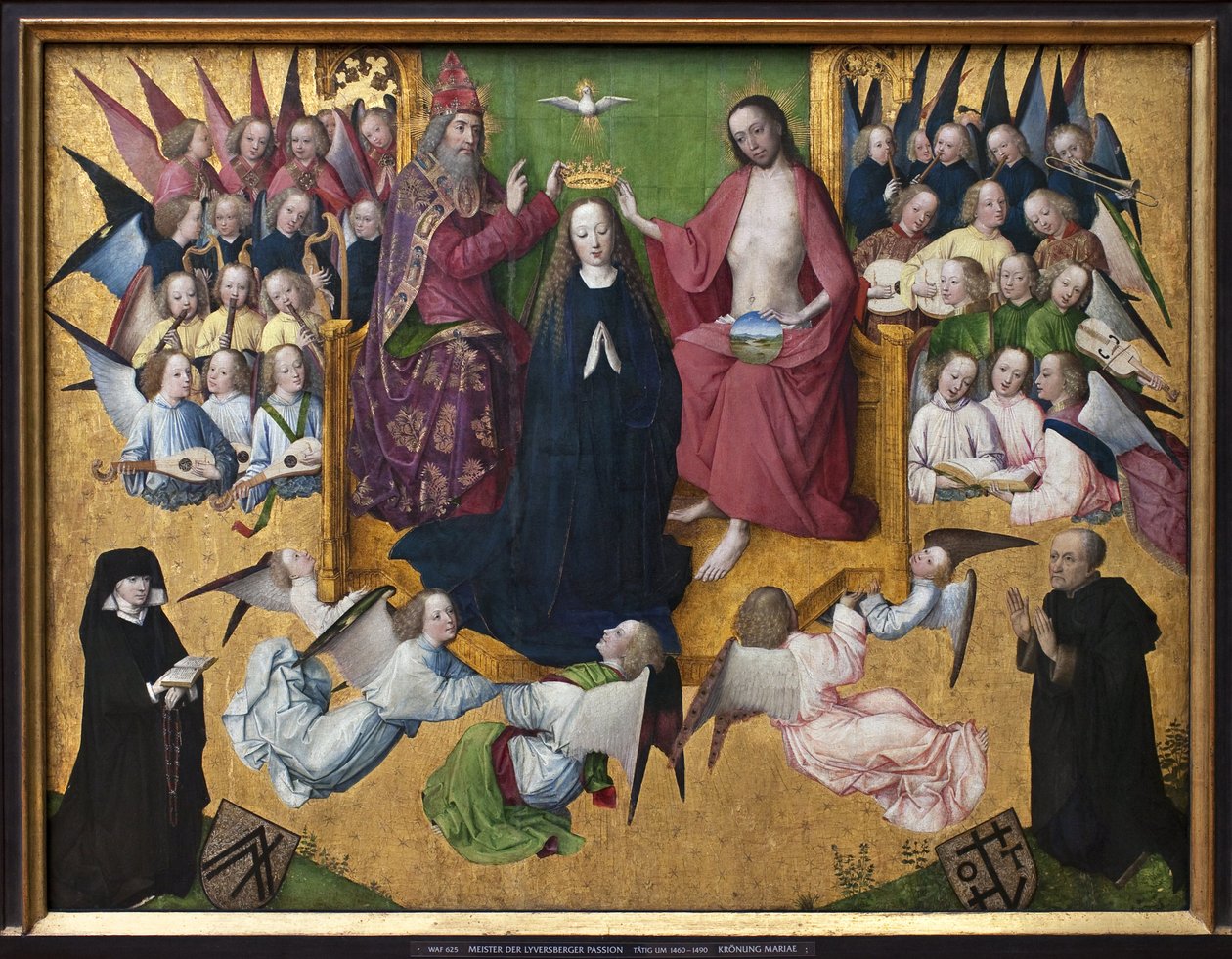 De kroning van Maria. Representatie van de Heilige Drie-eenheid: God, Jezus Christus en de duif van de Heilige Geest door Master of the Lyversberg Passion