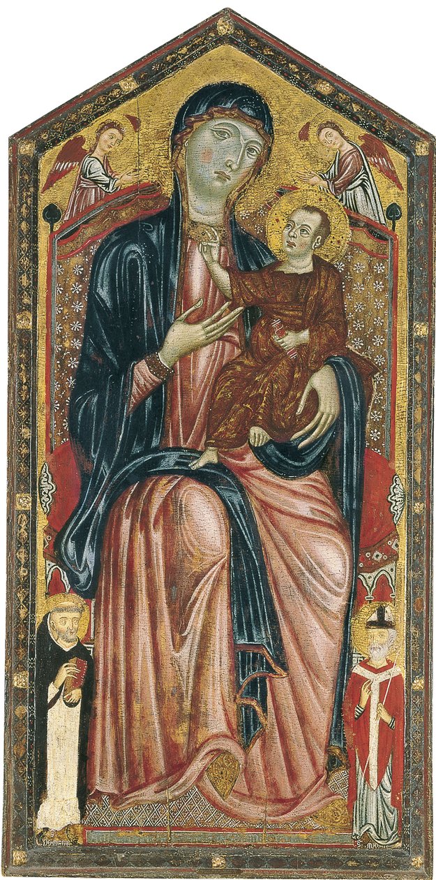 De Maagd en het Kind op de troon met heiligen Dominicus, Martinus en twee engelen door Master of the Magdalen