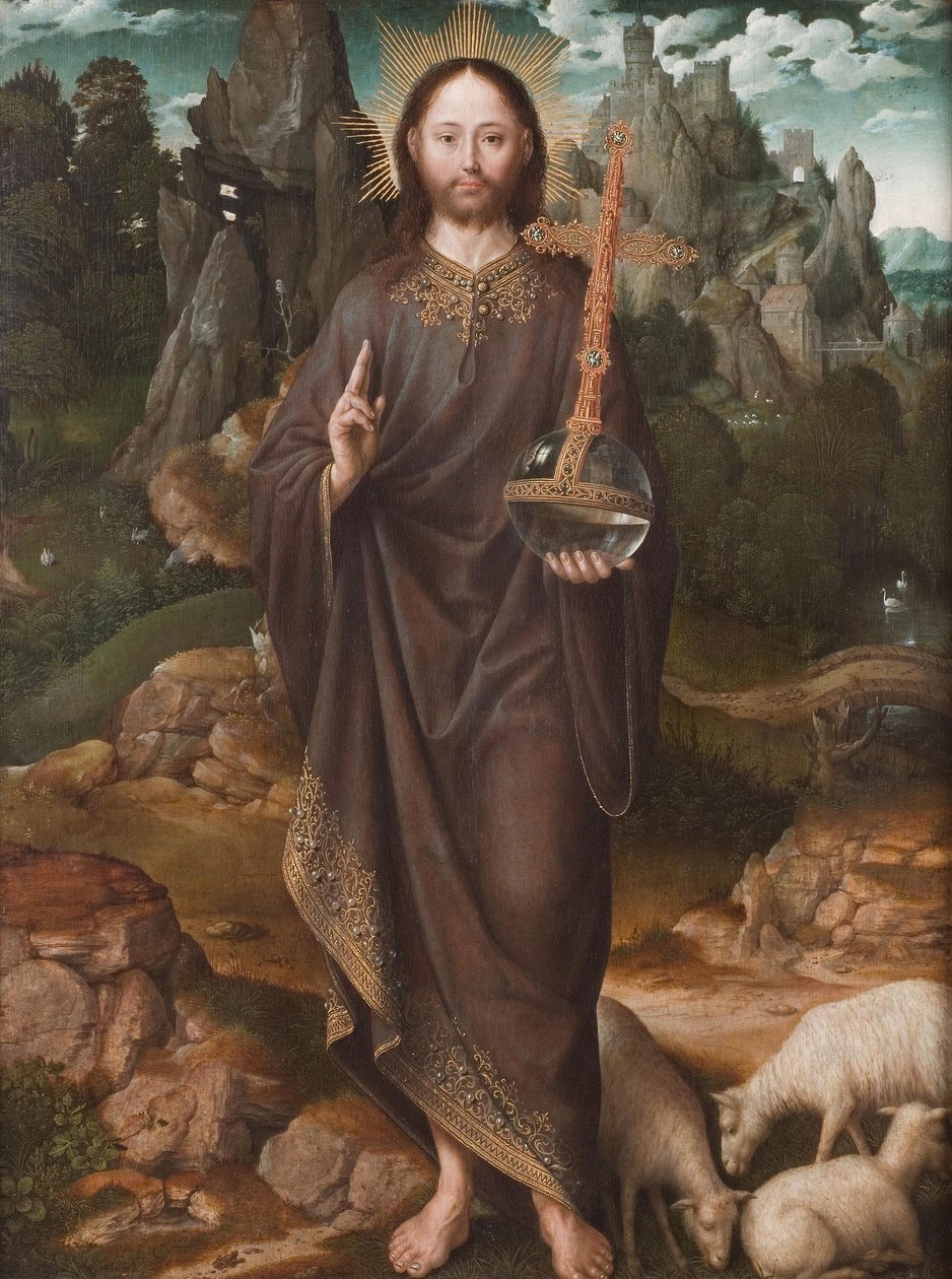 Nederlands: Christus als Salvator Mundi Salvator Mundi in een Landschap door Master of the Mansi Magdalen
