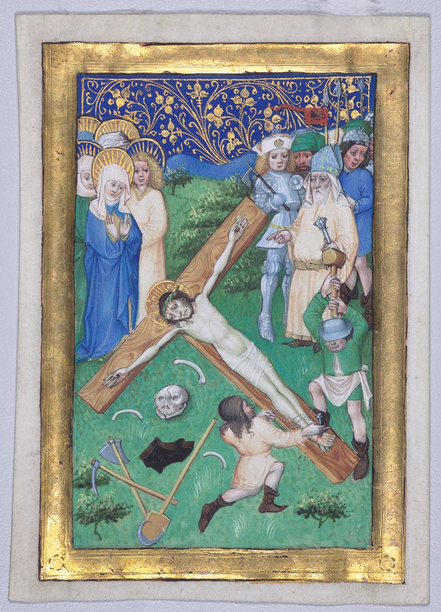 Blad uit een Getijdenboek: Christus wordt aan het Kruis Genageld door Master of the Maximilian Schoolbooks