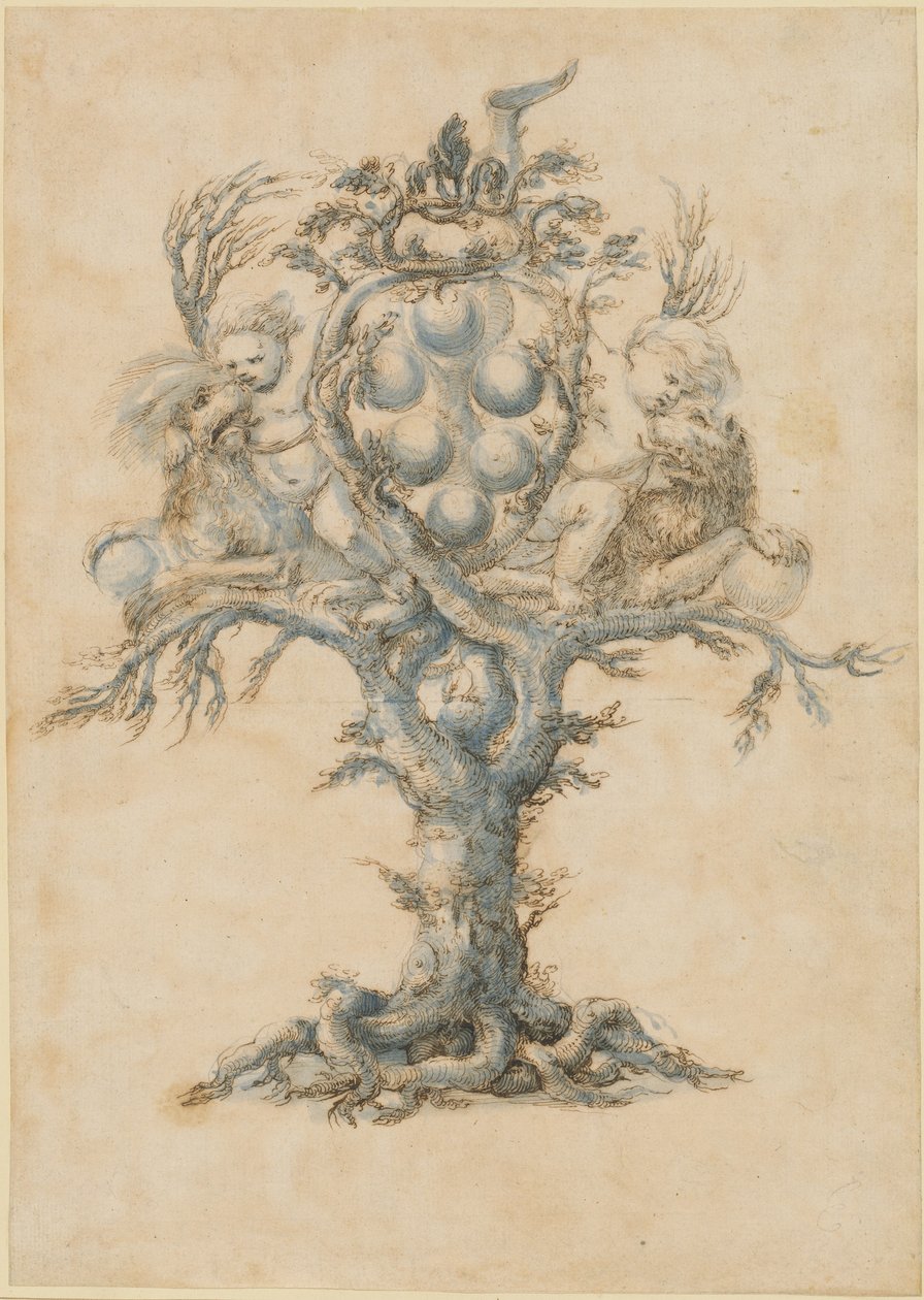 Een wijnkaraf met leeuwen en putti door Master of the Medici Banquet Decanters