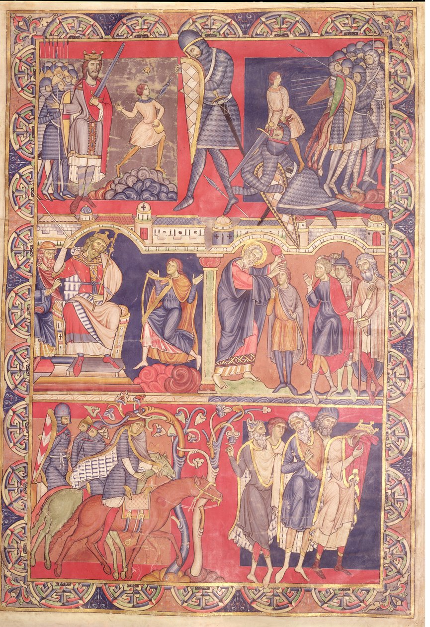 Scènes uit de Levens van Samuel, Saul en David, uit de Winchester Bijbel, 1160-80 door Master of the Morgan Leaf