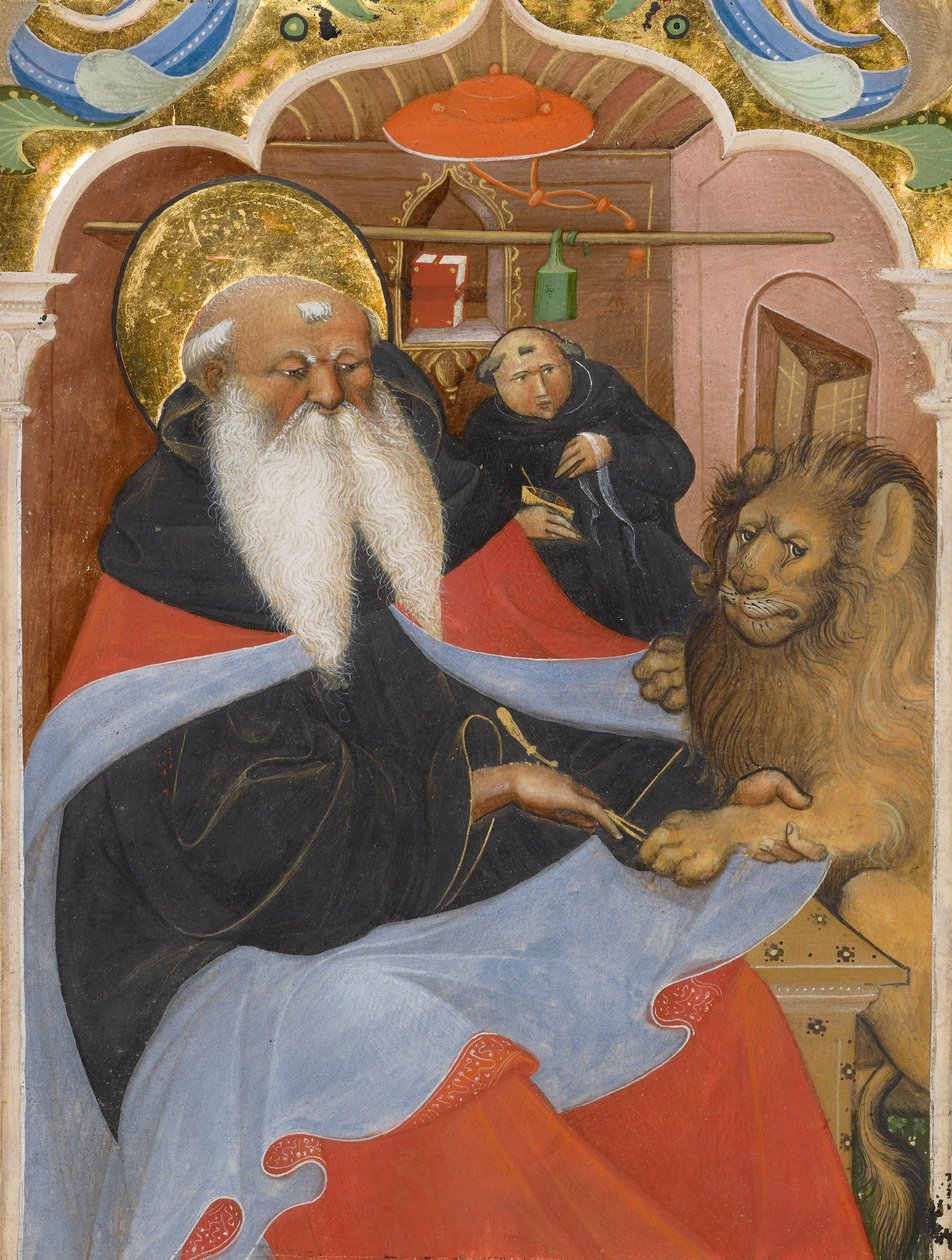 Sint Hiëronymus haalt een doorn uit de poot van een leeuw door Master of the Murano Gradual
